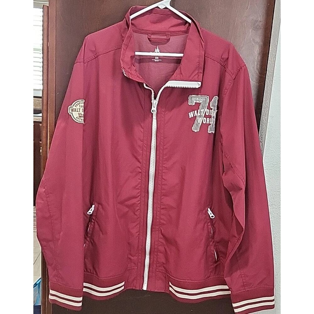 DISNEY PARKS WDW Varsity Zip Up Jacket Burgundy EST 71 Logo Pockets XXL 1971